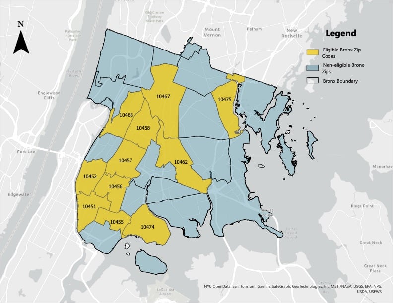 A map of a the Bronx with highlighted zip codes